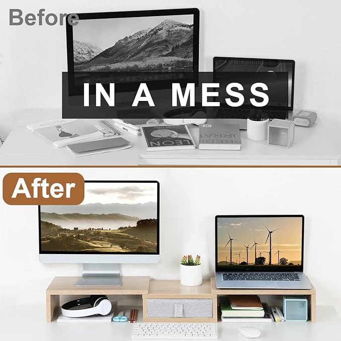 TEAMIX 3 Shelf Monitor Stand Riser with Drawer-Length and Angle Adjustable Dual Monitor Riser with Storage Corner Desk Shelf Organizer Large Computer Stand for 2 Monitors/Laptop (Maple, 1 Drawer)