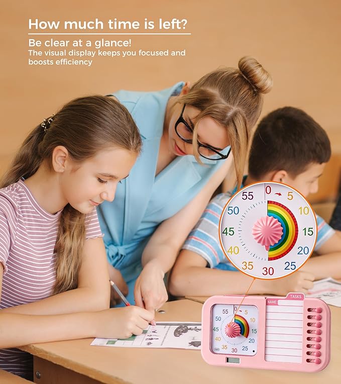 3-in-1 Visual ADHD Timer for Kids & Adults with Planning Board, Task Timer, Chore Chart & Visual Schedule Planner, Autism & ADHD Tools with Checklist for Homeschool Supplies, Home, School (Pink)