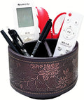 PU Leather Round TV Remote Control Holder for Table,360° Swivel Office Supply Desktop Organizer,4 Compartments Phone/Pen/Pencil Holder,Suitable for Stationery/Heater Controllers Etc (Antique)