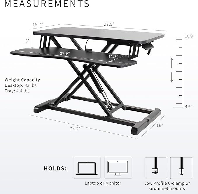 VIVO 28 inch Desk Converter, K Series, Height Adjustable Sit to Stand Riser, Dual Monitor and Laptop Workstation with Keyboard Tray, Black, DESK-V028KB