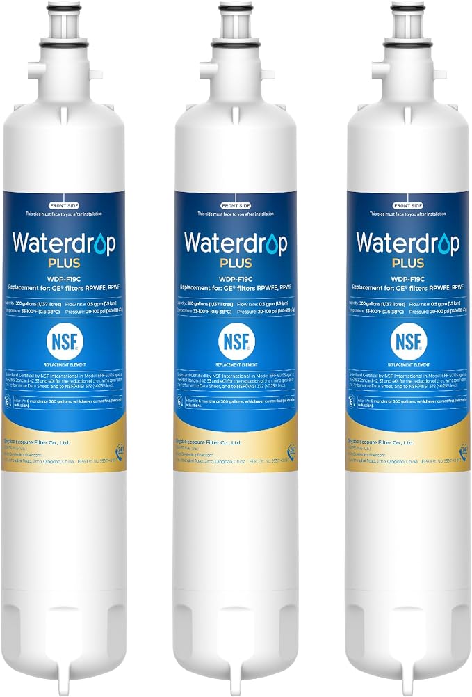 Waterdrop Plus WDP-F19C Water Filter Replacement for GE® RPWFE®, 3 Pack | NSF 401, Replacement for GE® RPWF (with CHIP) , WSG-4, GFE28GBLTS, GFE28GSKSS