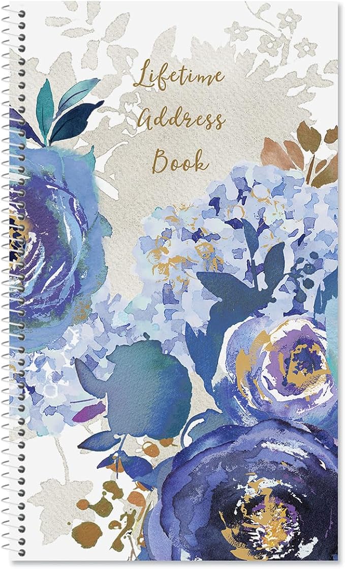 Current Blue Peacock Address Book - 94 Pages; Small 5" x 8-1/2" Size for Purse or Office, Spiral Bound Soft Cover Organizer for Contacts, Addresses, Email, & Phone Numbers + 50 Replacement Stickers