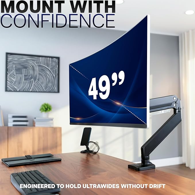 VIVO Premium Aluminum Monitor Arm for Ultrawide Screens up to 49 inches and 33 lbs, Heavy Duty Single Desk Mount, Pneumatic Height, Max VESA 100x100, Black, STAND-V101G1
