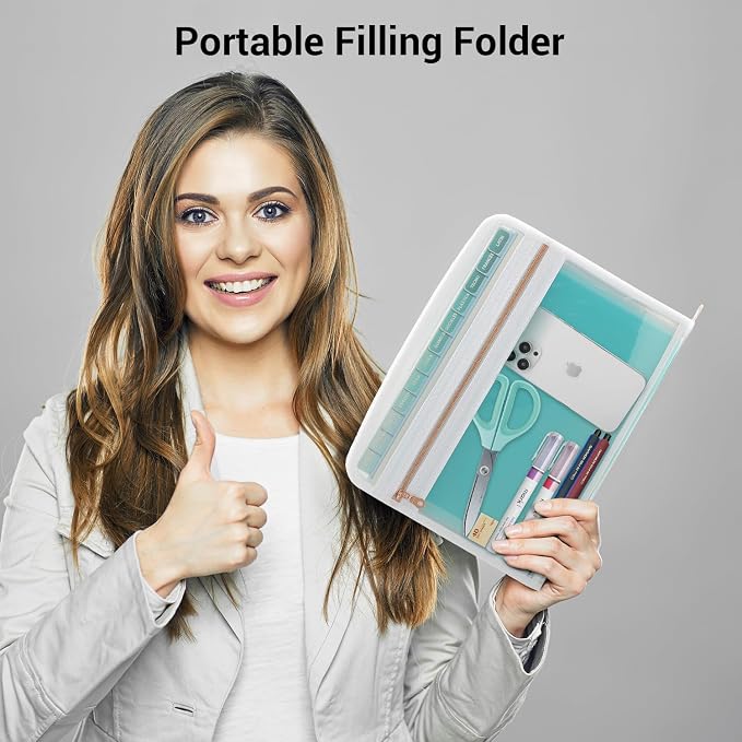 Mukawa 13 Pocket Expanding File Folder, Zipper Accordion File Folder, Expandable Folder with Customized Labels, Document Organizer for School Kids, Office Paper Organizer, Letter Size (Green)