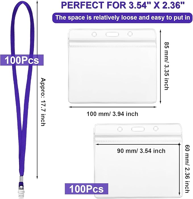 Marspark 100 Sets Clear Name Tags with Lanyard, Lanyards for ID Badges Reusable Strap with ID Holder Plastic Name Badges for Adults Business School Church Conference (Dark Purple)
