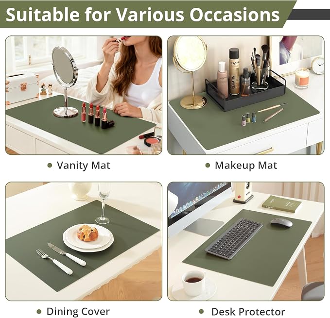 LovePads Makeup Mat for Vanity, 16 x 36 Dual-Sided Desk Pad & Vanity Cover Top, Waterproof PVC Protector Mat for Dresser, Nail Art, Craft Table (Green+Grey)