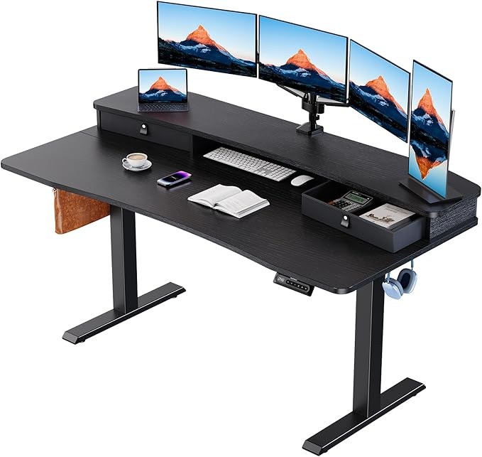 HUANUO 60″ x 30″ Electric Standing Desk with 2 Drawers, C-Clamp Mount Compatible, Height Adjustable Computer Desk, Home Office Stand Up Desk with 4 Preset Heights & 2 Hooks, Black