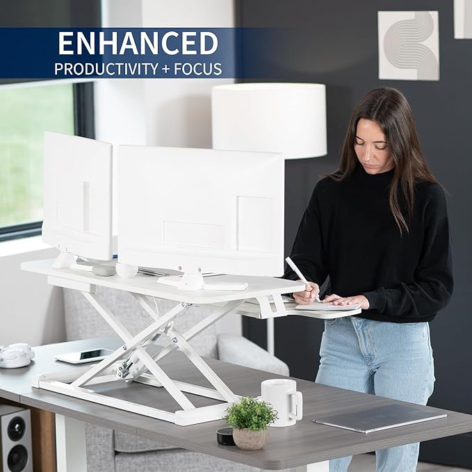 VIVO 36 inch Desk Converter, K Series, Height Adjustable Sit to Stand Riser, Dual Monitor and Laptop Workstation with Wide Keyboard Tray, White, DESK-V036KW