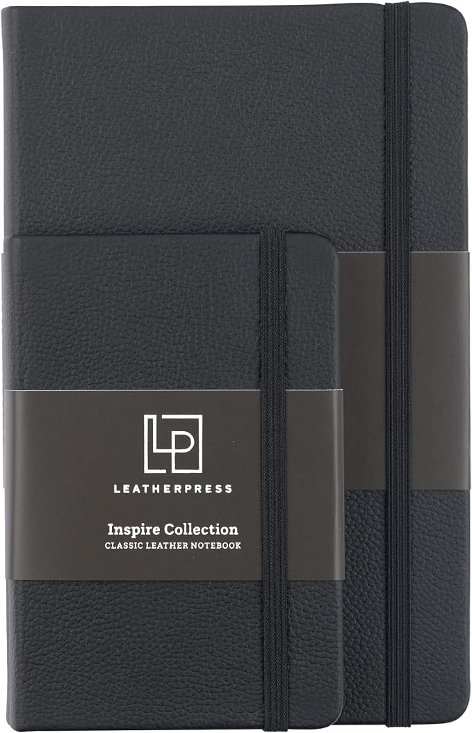 Leather Notebook, Writing Journal, Full-Grain Leather, Narrow Ruled Paper, Notebooks for Work & School, Midnight Black (8.4" x 5.4”)