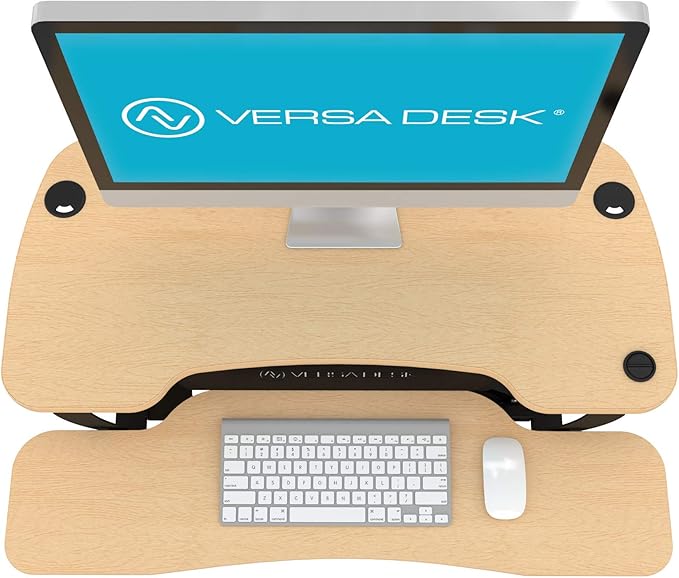 VERSADESK Electric Standing Desk Converter, 36 Inch PowerPro™ Height Adjustable Sit Stand Desktop Riser with Keyboard Tray, Built-in USB Charging Port, Holds 80 lbs, Push-Button Switch, Maple