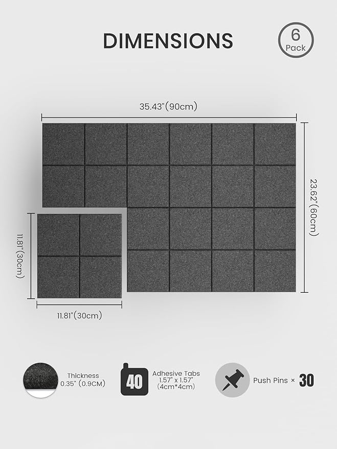 Bumusty Large Cork Board Alternative-36 x24 Felt Bulletin Board Tiles, with 30 Pushpins, 40 Adhesive Tabs, 6-Pack Slat Wall Paneling, Cork Boards for Office Push Pin Board Felt Board-Charcoal Gray