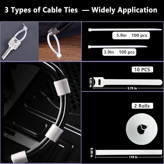ELII 328Pcs Cable Management Kit, 8 Magnetic Cable Clips,69Adhesive Cable Holder,4 Cable Sleeve Split,22Reusable Cable Strap,200 Nylon Cable Zip Ties with 25 Mounts TV Home(White)
