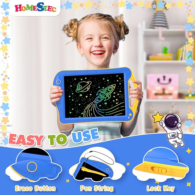 HOMESTEC Astrodraw Drawing Pad Toys, Colorful LCD Writing Tablet for Kids, Doodle Board for Toddlers 3 4 5 6 Years Old, Travel Sensory Space Toy for Boys Girls, Birthday Gift Idea (Blue/Yellow)