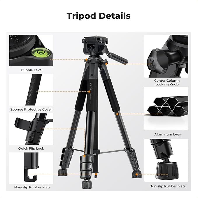 K&F Concept Camera Tripod, 68" Lightweight Portable Travel Outdoor DSLR Tripods for Camera Phone Video Recording Tripod Stand, Cellphone Clip for Smartphone Live Streaming Vlog S254A3+BV01