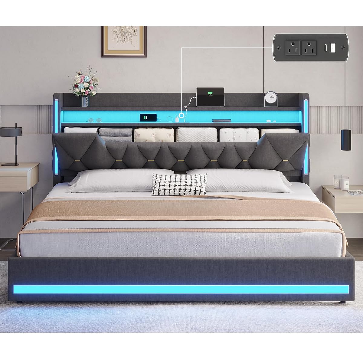 King Size Bed Frame with Storage Headboard and LED Lights
