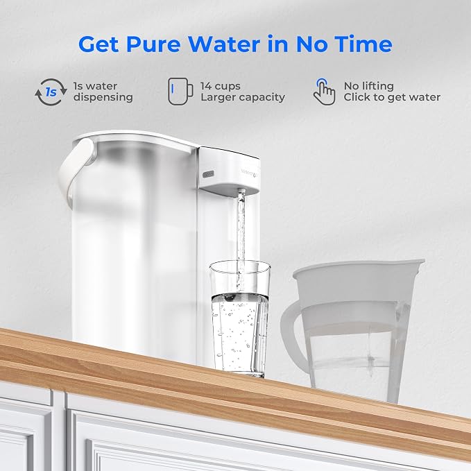 Waterdrop ED02W Compact Electric Water Filter Pitcher, 14-Cup, White | 200-Gallon Rechargeable Instant Powerful Dispenser, NSF/ANSI 42&53&401&372, Reduce PFOA/PFOS, Lead, Chlorine, NOT Reduce TDS