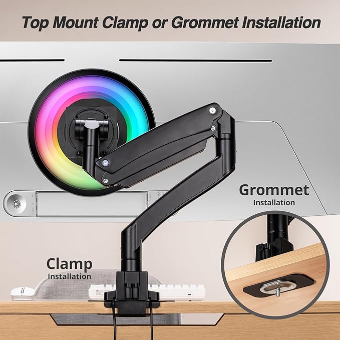 AVLT Single 17"-57" Super Ultrawide Monitor Arm for Screens Up to 59.5 lbs, Premium Aluminum Desk Stand, Adjustable Pneumatic Height, Full Motion Swivel Tilt Rotation, USB-C & USB-A Ports, Black