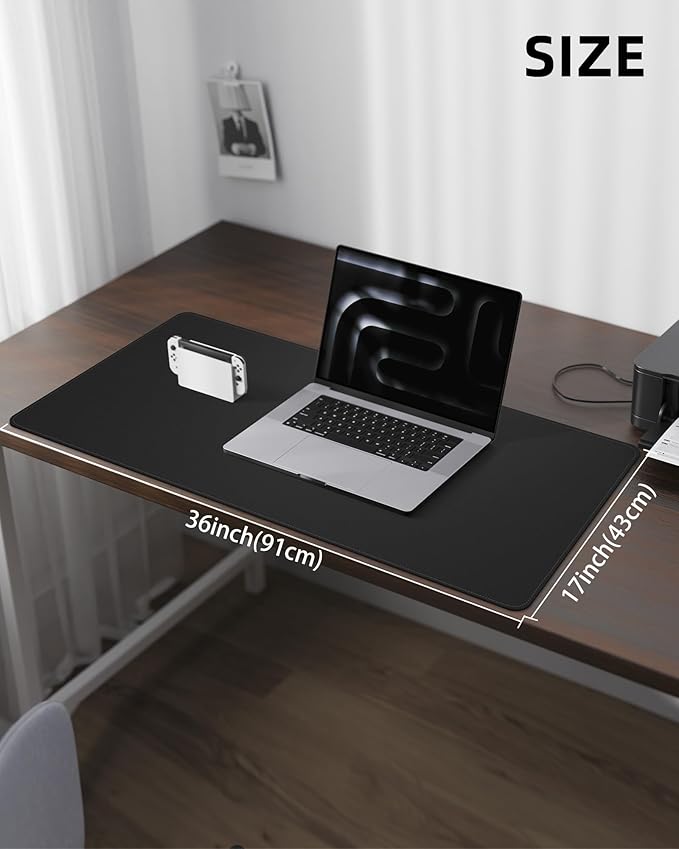 Leather Desk Pad Protector,Desk Mat,Large Mouse Pad, Non-Slip Desk Pad, Waterproof PU Leather Desk Blotter Mat, Desk Cover for Office and Home (Black, 36" x 17")