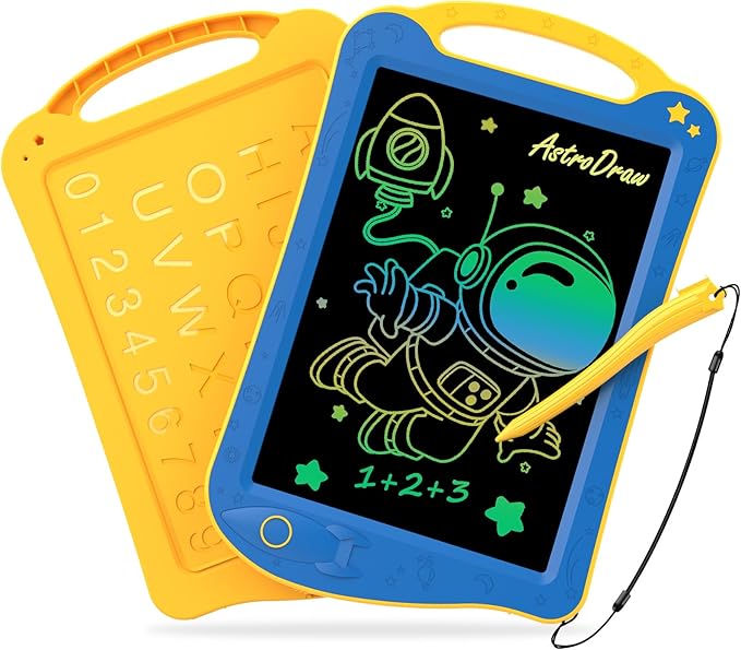 HOMESTEC Astrodraw Drawing Pad Toys, Colorful LCD Writing Tablet for Kids, Doodle Board for Toddlers 3 4 5 6 Years Old, Travel Sensory Space Toy for Boys Girls, Birthday Gift Idea (Blue/Yellow)