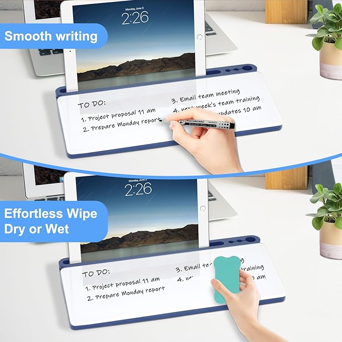 Glass Desktop Whiteboard with Storage, Desk White Board with Computer Keyboard Stand,White Dry Erase Board with Drawers for Home,School,Office - Blue