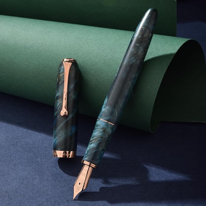 HONG DIAN A10 Stabilized Wood Fountain Pen, Extra Fine Nib Chinese Knot Carving Handcraft Pen with Magnetic Cap and Metal Case Set (Galaxy Blue)