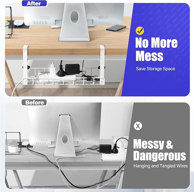 Under Desk Cable Management Tray, Xpatee Upgraded Wire Management No Drill No Screws, Cable Tray with Clamp for Wire Organizers, Computer Cord Rack for Office, Home - No Damage to Desk White