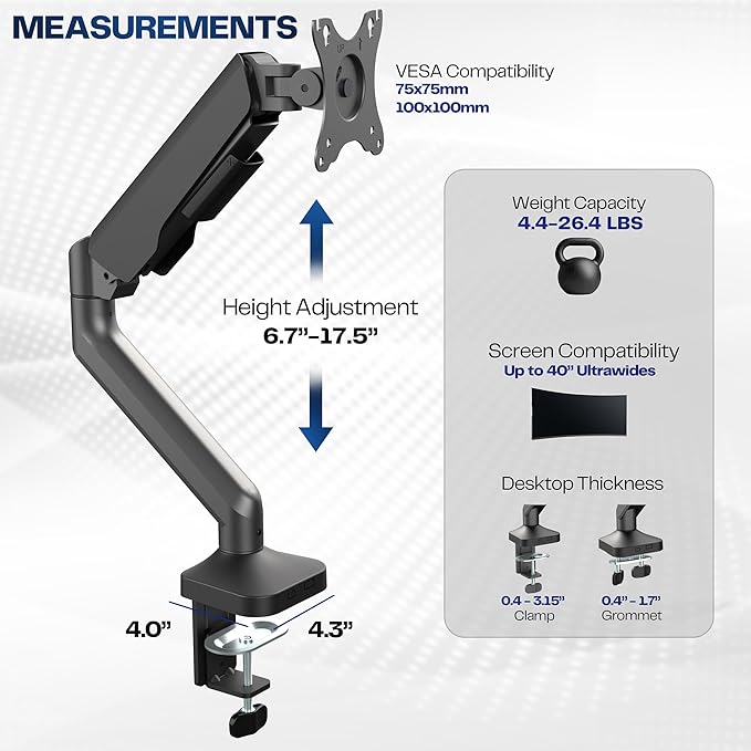 VIVO Heavy Duty Ultrawide Monitor Tension Arm for up to 40 inch Screens, Holds 26.4 lbs, Premium Desk Mount Stand, Black, STAND-V100O