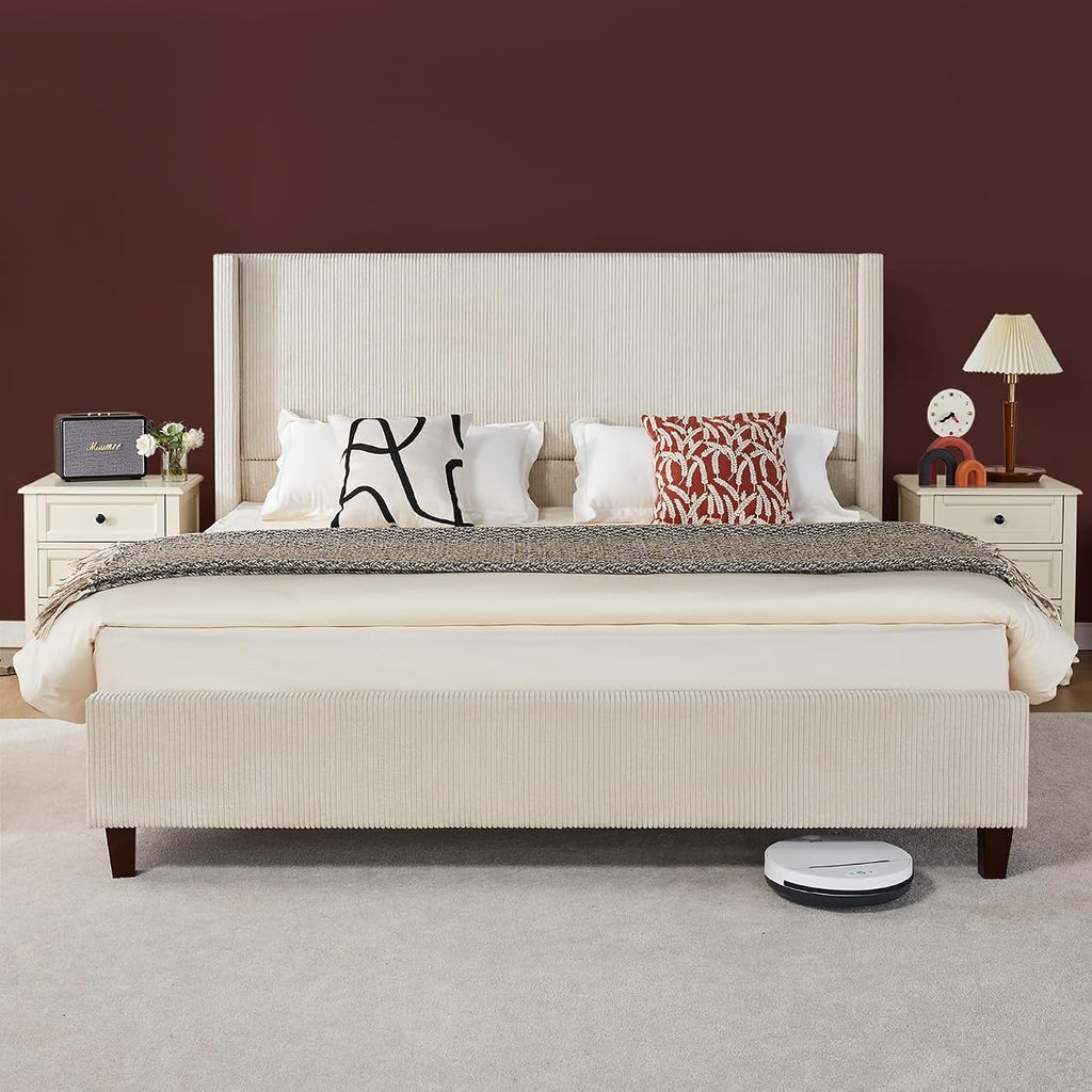 Queen Size Platform Bed Frame, 50.8" Corduroy Upholstered Bed with Vertical Channel Tufted Headboard/Wooden Slats/Wingback/No Box Spring Required/Beige