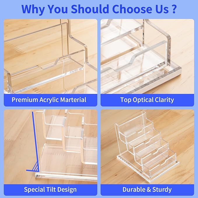 NIUBEE Clear Business Cards Holders 4 Tier Acrylic Card Holder for Business Cards, 4 Slots Business Card Display for Desk Counter, 300 Card Capacity, 1 Pack