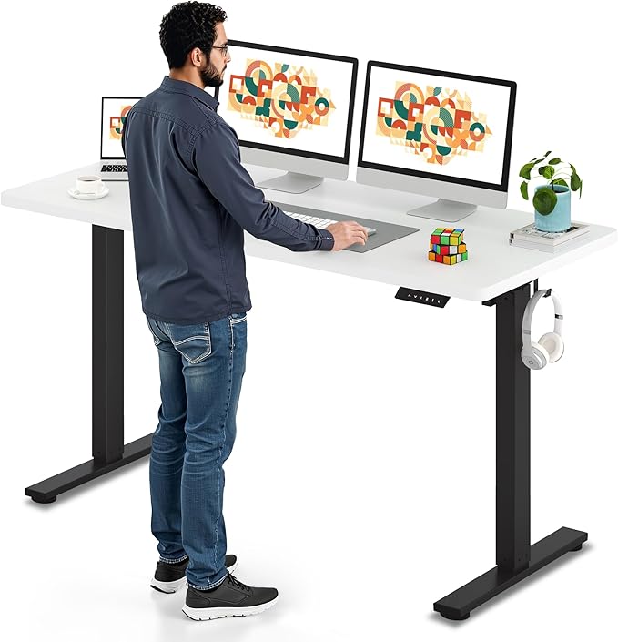 SANODESK Electric Standing Desk 60 x 24 Inches Whole-Piece Desktop Height Adjustable Stand Up Desk w/6-Button Controller Ergonomic Computer Desk for Home Office, Black Frame + White Tabletop
