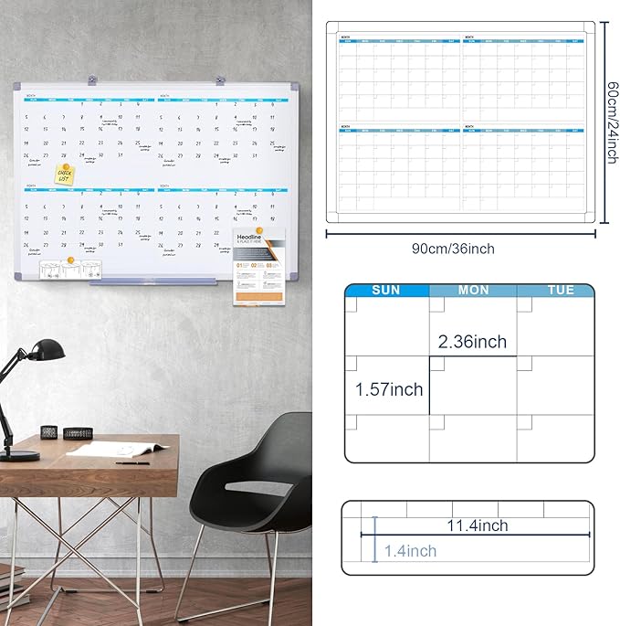 MAKELLO Large Magnetic Dry Erase Calendar Whiteboard Quarterly 36" x 24" for Home, Bedroom, Office, Classroom, 4 Months