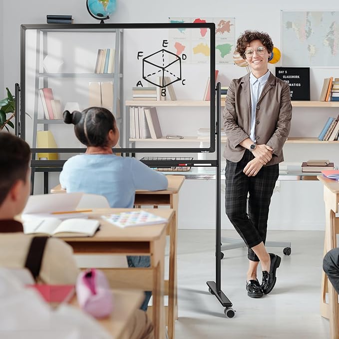 Mobile Clear Glass Whiteboard on Wheels - TANKEE 48" x 32" Dry Erase Board with Stand, Large Rolling White Board with 25 Sheets Paper Pad, Transparent Tempered Glass Board for Office Home School