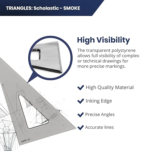 Pacific Arc's Scholastic Triangle - 12 inch - Smoke - 30/60 Angle - Polystyrene - Inking Edge - Technical Drawing Tools, Drafting, Architect and Engineering.