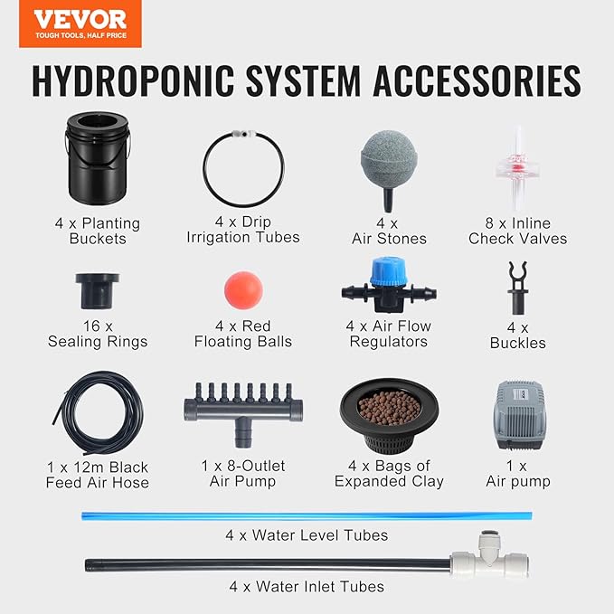 VEVOR DWC Hydroponics Grow System, Hydroponic Growing System with Top Drip Kit, Deep Water Culture 5-Gallon 4 Buckets, with Air Pump, Air Stones and Water Level Device for Leafy Vegetables