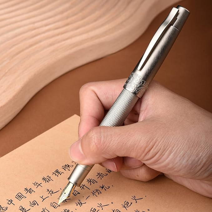 Hongdian 6013 Silver General Fountain Pen, Iridium Gold-silver Fude Nib Solid Metal Writing Pen with Metal Case