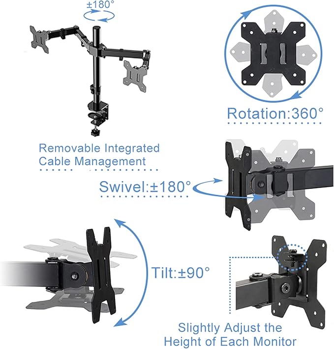 Rocelco 46" Large Height Adjustable Standing Desk Converter with Double Monitor Mount Arm BUNDLE - Quick Sit Stand Up Computer Workstation Riser - Retractable Keyboard Tray - Black (R DADRB-46-DM2)
