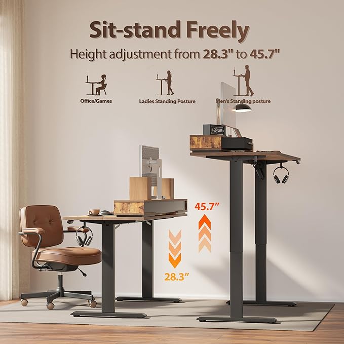 Agilestic 48 Inch Electric Standing Desk with Drawers, Adjustable Desk with Storage Shelf, Stand Up Home Office Computer Table, Splice Board, Rustic Brown