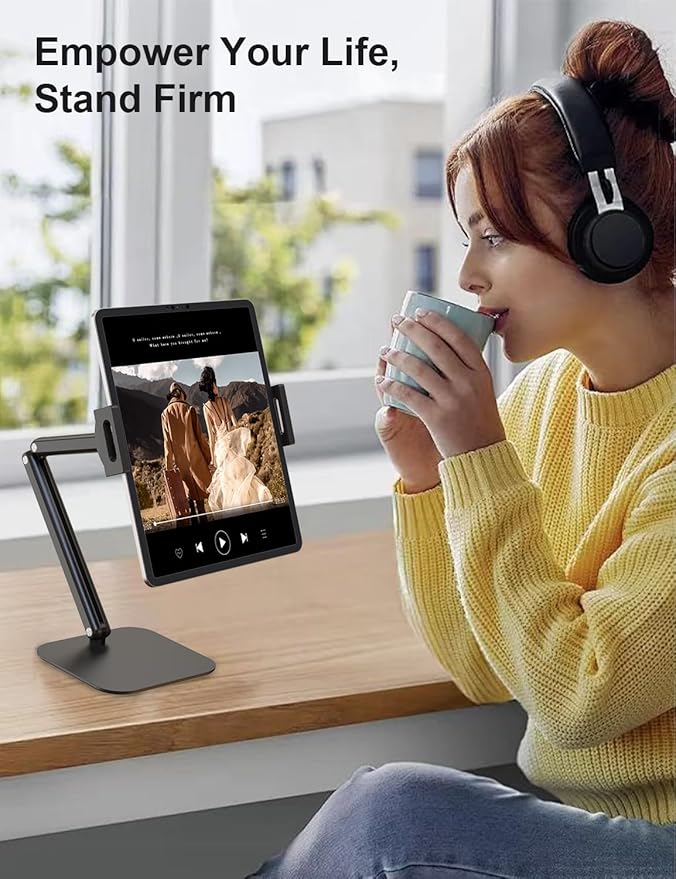 Tablet Stand for iPad, Aluminum Multi-Angle Adjustable Tablet Holder, Heavy-Duty Metal Base for Desk, Compatible with 5.1''-13'' iPad Pro, Surface, Kindle, Tablets, Portable Monitors and More