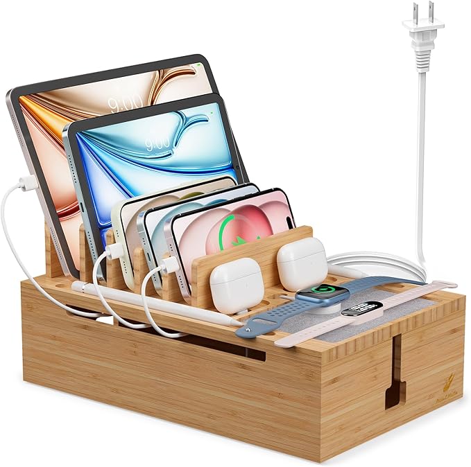 Pezin & Hulin Bamboo Charging Station for Multiple Devices, USB Charger Dock Organizer, with Power Supply (10 Ports HUB), 6 Cables, Cable Management Organizer for Cell Phones, Tablets -Natural Color