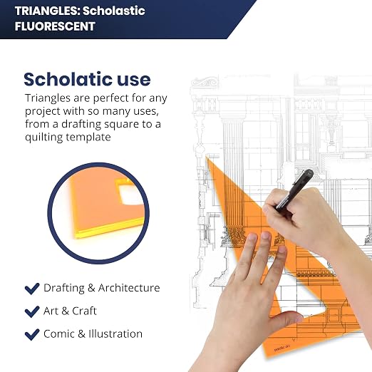 Pacific Arc's Scholastic Triangle - 12 inch - Fluorescent - 30/60 Angle - Polystyrene - Inking Edge - Technical Drawing Tools, Drafting, Architect and Engineering.