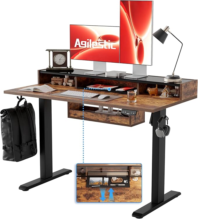Agilestic Glass Standing Desk with Storage, 48 Inch Electric Adjustable Desk with Glass Shelf and Cable Management, Sit Stand Up Home Office Computer Table, Splice Board, Rustic Brown
