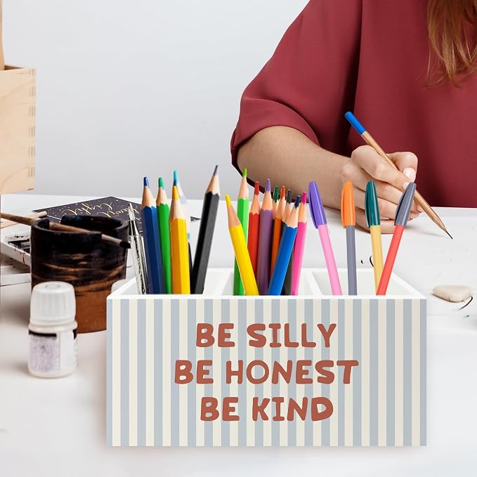 Inspirational Pen Pencil Holder Organizer for Desk, Be Silly Honest Kind Motivational Blue Striped Wooden Box Signs Decorations for Kids Nursery Room Bedroom Desk Tabletop, Inspirational Gifts