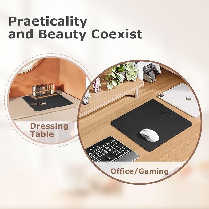 Wireless Charging Mouse Pad Firelison 2 in 1 Leather Multifunctional Office Desk Pad with Non-Slip Rubber Base, Waterproof Desk pad for Computers/Office/Work/Home/Decor（ 12" x 10"Black - R）