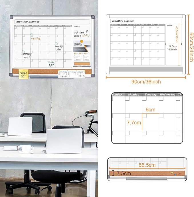 MAKELLO Dry Erase Calendar for Wall 36" x 24", Large Calendar Whiteboard with Cork Board for Office, Home, School, Family, Kitchen and Bedroom, 3' x 2'