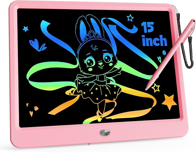 KOKODI 15 Inch LCD Writing Tablet with Anti-Lost Stylus, Erasable Doodle Board Colorful Toddler Drawing Pad, Car Travel School Games Toys for 3 4 5 6 7 8 Kids, Birthday Gift for Girls Boys Pink