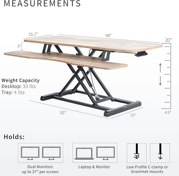 VIVO 42 inch Desk Converter, K Series, Height Adjustable Sit to Stand Riser, Dual Monitor and Laptop Workstation with Wide Keyboard Tray, Reclaimed Wood Top, Black Frame, DESK-V042KP