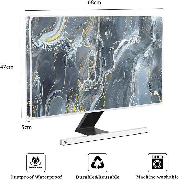 Baocicco Gray Gold Marble Waterproof 26, 27, 28 Inch Anti-Static Dustproof LCD/LED/HD Aesthetic Texture Computer Screen Cover Decor Full Body Cover for Computer Screen Desktop PC Tower Protector