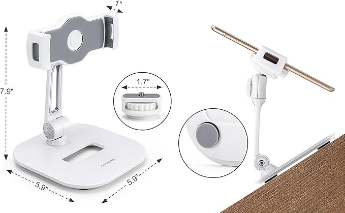 AboveTEK Tablet Stand Holder, Stylish Aluminum iPad Stands, Foldable 360° Swivel iPad iPhone Table Stand Holder fits 4-11" Tablets/Smartphones for Kitchen Bedside Office POS Showroom Reception (White)