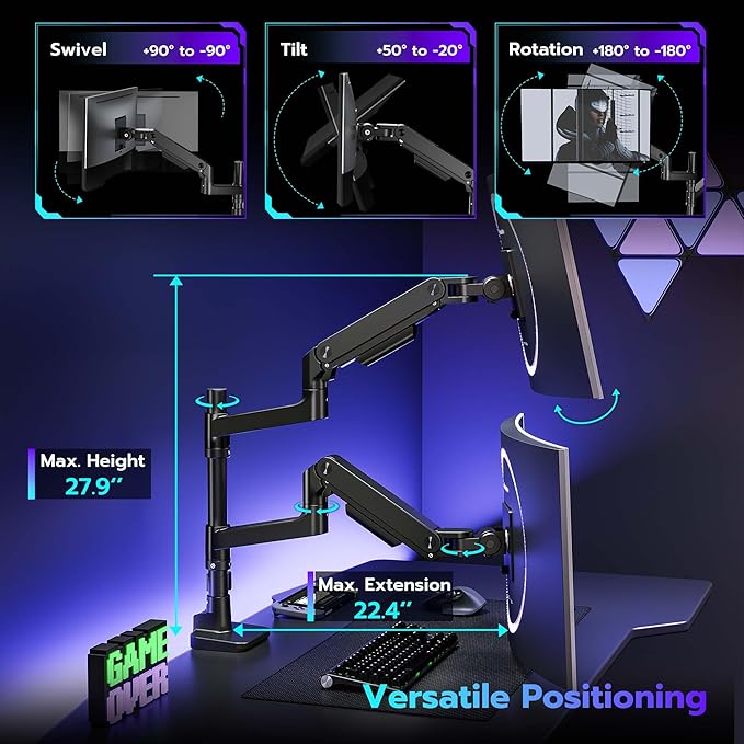 ARES WING Dual Monitor Arm Desk Mount for 17-49 Inch Ultrawide Monitors, Heavy Duty Dual Monitor Mount Holds 44 lbs, Full Motion Gas Spring Vertical Stacked Monitor Mount, 75/100 VESA Mount, Black