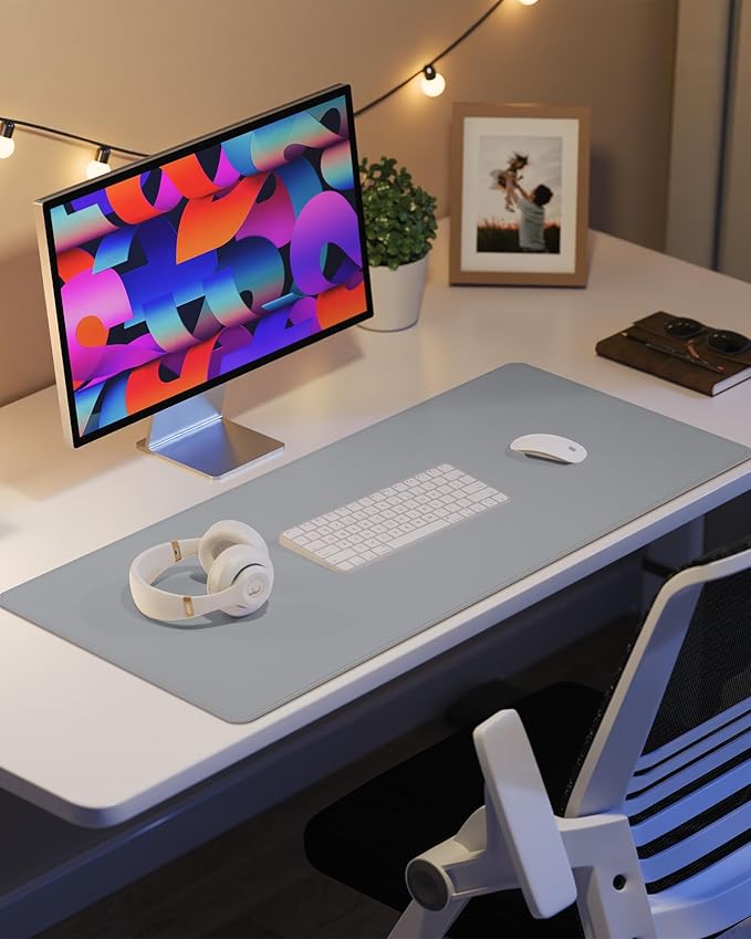 PU Leather Desk Blotter Mat, Large Mouse Pad, Non-Slip & Waterproof Desk Cover for Office and Home - Light Grey, 36" x 17"